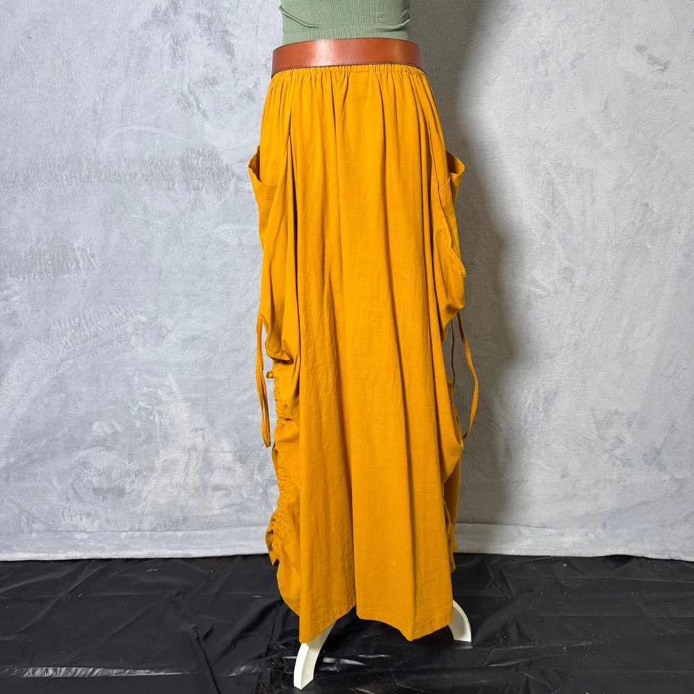 Thaluta One Size Mustard Boho Maxi Skirt 100% Cotton Ruched Pocket - Picture 3 of 8